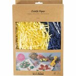 Crinkle papier, L: 25-30 cm, B: 3 mm, donkerblauw, geel, 2x50 gr/ 1 doos