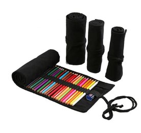 Roletui - Oprolbare Etui - Schooletui - Etui voor potloden, pennen, stiften, kwasten, make up - Canvas - Zwarte Etui - 23x12cm - 12 gaten