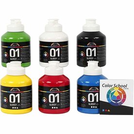 Acrylverf set primaire kleuren | Glossy hobbyverf | Acrylic verf set | Sneldrogend | 6 x 500 ml | 6 stuks