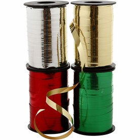 Cadeaulint &ndash; Goud/Zilver/Rood/Groen &ndash; Glimmend Krullint &ndash; 4x250m