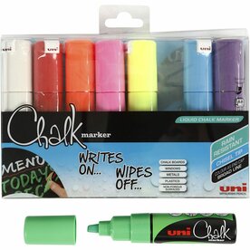 Chalk Marker - Krijtstift - Diverse Kleuren - Krijtbord, Ramen, Glas, Porselein, Plastic, Spiegels, Papier - Lijndikte: 8mm - Uni Chalk - 8 Stuks