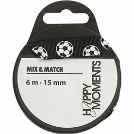Decoratief Lint &ndash; Voetbal Lint &ndash; Zwart Grosgrain &ndash; Sport Cadeaulint &ndash; 15 Mm &ndash; 6 M
