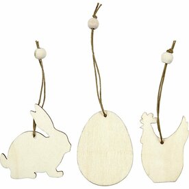 Houten decoraties konijn ei kip &ndash; 6 cm &ndash; 9 stuks