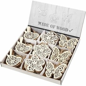 Houten figuren vlinder bloem vogel &ndash; 10x10 cm &ndash; 90 stuks