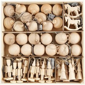 Houten Kerstfiguren Set - DIY Kerstdecoratie - 72 Stuks Creatieve Kerstversieringen met Ophangkoord - Diverse Designs Inclusief Kabouter, Kerstbal &amp; Boom - 5,5-9 cm Hoog