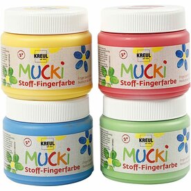 Muck Vingerverf Set - Veilig &amp; Wasbaar - Geschikt voor Kinderen - Ideaal voor Textiel &amp; Papier - Blauwe, Groene, Rode &amp; Gele Kleuren - Droogt Binnen 24 Uur - 4 x 150 ml