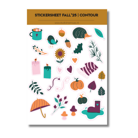Stickervel Contour Fall&rsquo;25 met 28 herfststickers zoals bladeren, pompoenen, kaarsen en dieren. Perfect voor journal, planner,