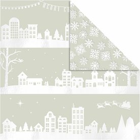 Design papier, huizen en sneeuwvlokken, vel 30,5x30,5 cm, 180 gr, 3 vel/ 1 doos