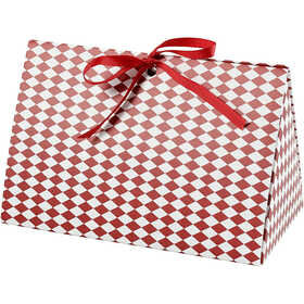 Cadeaudoos, rood, wit, harlekijn patroon, afm 15x7x8 cm, 250 gr, 3 stuk/ 1 doos
