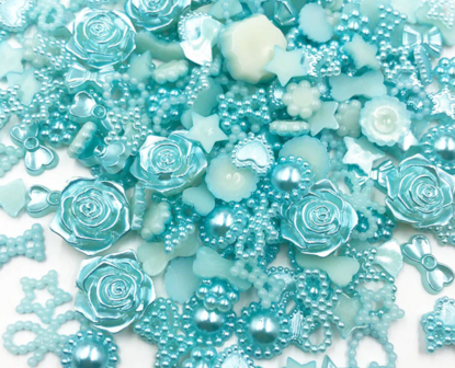 Plaksteentjes - Decoratie - Gemixt - Rozen - Halve Parel met Bloemmotief - Hartjes - Platte Achterkant - Blauw Turquoise - 100 stuks