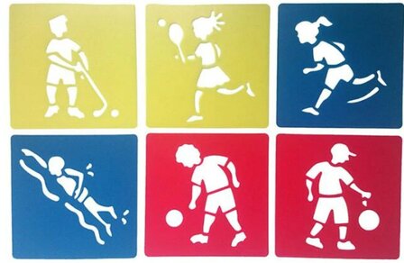 Teken Sjablonen Kinderen - Stencils Tekenen - Sport - Tennis, Voetbal, Zwemmen, Hardlopen, Hockey, Basketball - 6 stuks
