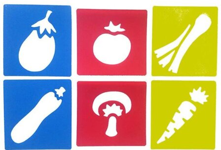 Teken Sjablonen Kinderen - Stencils Tekenen - Groente - Prei, Courgette, Wortel, Champignon, Aubergine, Tomaat - 6 stuks