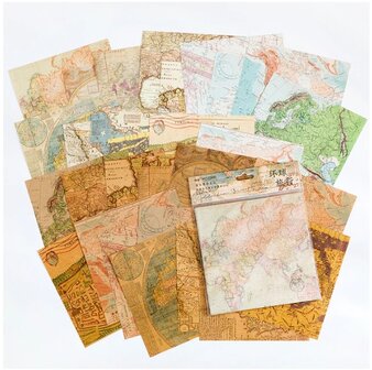 Scrapbook Papier - Vintage - Kraft, Wit, Groen - Landkaarten - 15x15cm - 30 vellen