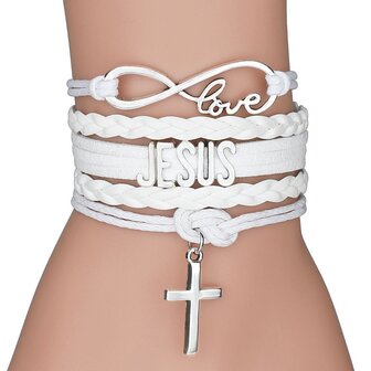 Wikkelarmband - Armband - Geloof - Christelijk - Kunstleer - Leatherlook Koord - Love, Kruis, Jesus - Wit
