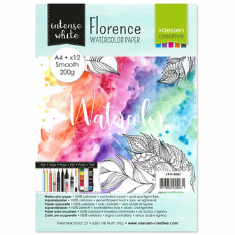 Aquarelpapier - Intense White - A4 - 200 grams - Gladde Structuur - Smooth - Florence - 12 vellen