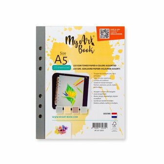 Papier - Tekenpapier - 4 kleuren - A5 - 225 grams - Perforatiegaten - Afscheurrand - MyArtBook - 20 vellen