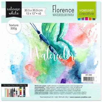 Aquarelpapier - Intens White - 30,5x30,5cm - 300 grams - Lichte Structuur - Texture - Florence - 5 vellen