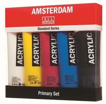 Amsterdam Acrylverf Standaard - Primary Set - Acrylverf - Sneldrogende Verf - Pigmentrijke Verf - Kunstschildersverf - Verf voor Canvas - Acrylverf Sets - 5 x 120 ml