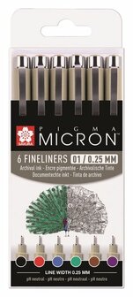 Pigma micron set 6 fineliners 01 basiskleuren