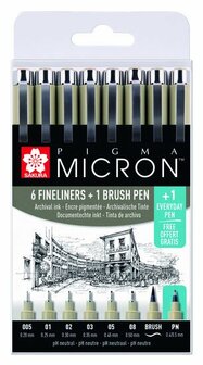 Fineliner Set - Fineliners en Brushpen - Zwart - Tekenen, Kleuren - Diverse Afmetingen - Sakura - 1 set