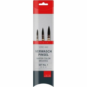 AMI Verwaspenseel Set - Verwaspenseel A60 Set - Penseelset Eekhoornhaar - Aquarel Penseelset - Penselenset Met Natuurlijk Haar - AMI Aquarelpenseel Set - Precisiepenselen - Set 0-2-4 Penselen - 3 Stuk