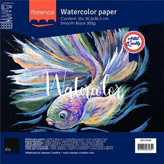 Aquarelpapier - Zwart - 30,5x30,5cm - 300 gram - Smooth - Gladde Structuur - Florence - 50 vellen