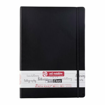 Schetsboek - Tekenboek - Dotted Gebroken Wit Papier - Zwarte Kaft - Met Elastiek - 21x29,7cm - Art Creation - 80 vellen