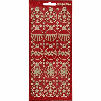 Stickers Goud - Rood Glitter Kerstballen Stickervel - Feestelijke Glitterstickers Voor Kerstdecoratie &amp; DIY Kaarten - 10x23 cm - 1 Vel