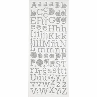 Glitterstickers, zilver, letters, 10x24 cm, 2 vel/ 1 doos