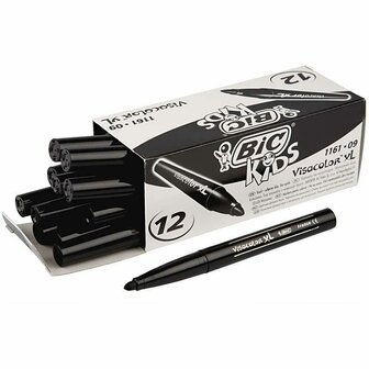 Stiften Zwart - Zwarte Viltstiften - Kleurstiften - Tekenstiften - Stiften Met Dikke Punt - Waterbasis - Premium Kwaliteit - Kindvriendelijke Stiften - Lijndikte 3mm - BIC Visa Color - 12 stuks