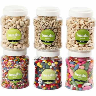 Houten Kralen - Assortiment - 6 x 200 gr - 5-25 mm - Houten Knutselkralen in 6 Plastic Emmers - Geschikt voor DIY Sieraden &amp; Creatieve Handwerken
