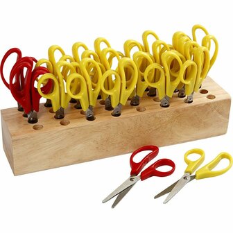 Kinderscharen Set - Links- en Rechtshandig - Ronde Punt - Kleuren Rood &amp; Geel - Papier Knippen Voor Kinderen - Inclusief Houder - 24 Stuks