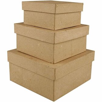 Vierkante Papier-Mach&eacute; Dozen - Set van 3 - Handgemaakte Opbergdozen - DIY Cadeauverpakking - Creatief Versieren - Decoupage - Scrapbooking - Opbergbakken Knutselen - H: 5+6+7,5 cm - 10+12,5+15 cm