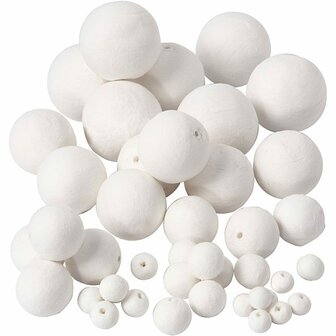 Katoenen Ballen - Witte Katoenen Hobbyballen Met Gat - DIY Knutselballen Voor Creatieve Decoratieprojecten - Geschikt Voor Kaarten &amp; Kerstdecoratie - 12+15+20+30+40+50 mm - Set van 42 Stuks