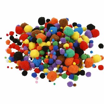 Pompons, diverse kleuren, d 5-40 mm, 42 gr/ 1 doos