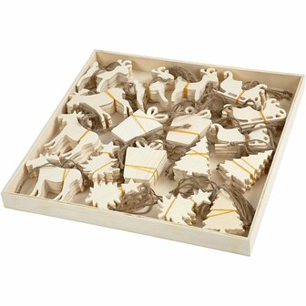 Houten Ornamenten - Natuurhout - 7-9 cm - Dikte 4 mm - 90 Stuks - Set Decoratieve Houten Figuren Voor DIY, Scrapbooking &amp; Interieurdecoratie - Verschillende Designs - Naturel Hout