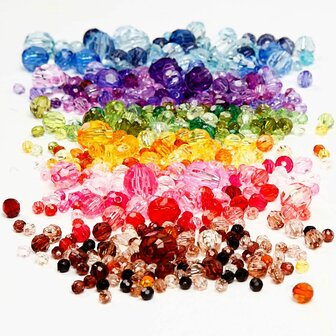 Facetkralen mix, diverse kleuren, d 4-12 mm, gatgrootte 1-2,5 mm, 7x250 gr/ 1 doos