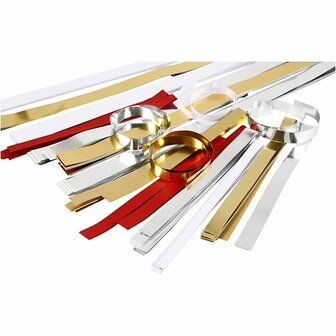 Vlechtstroken, goud, rood, zilver, wit, L: 44+78 cm, B: 10+15+25 mm, d 4,5+6,5+11,5 cm, Inhoud kan vari&euml;ren , 5000 stroken/ 1 doos