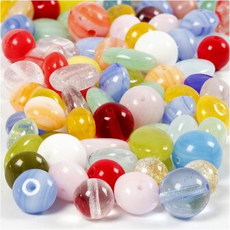 Glazen kralen, diverse kleuren, rond, ovaal, cirkel, d 6-13 mm, gatgrootte 0,5-1,5 mm, 60 gr/ 1 doos