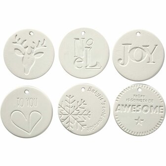 Hangende Ornamenten - Witte Terracotta Decoraties - DIY Ornamenten met Ophangoog - Verschillende Motieven - 6 Stuks