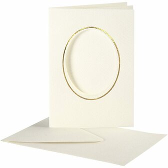 Passepartout kaarten , off-white, ovaal met gouden rand, afmeting kaart 10,5x15 cm, afmeting envelop 11,5x16,5 cm, 10 set/ 1 doos