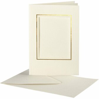 Passepartout kaarten , off-white, rechthoek met gouden rand, afmeting kaart 10,5x15 cm, afmeting envelop 11,5x16,5 cm, 10 set/ 1 doos