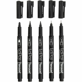 Permanente stift, zwart, lijndikte 2x0,6+2x0,8+1,3 mm, 5 stuk