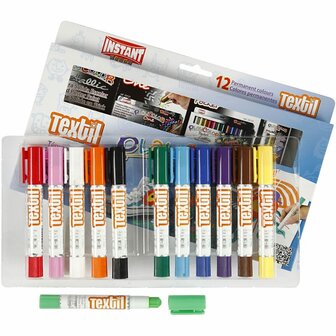 Playcolor Textielverf - Textielverf Stiften - Waxverf Voor Textiel - Kledingverf Stift - Dekkende Textielverf - DIY Textiel Kleurstiften - Stiftvorm Textielverf - L: 14 cm, D: 15 mm - 12 Stuks