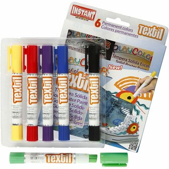 Playcolor Textielverf - Textielverf Stiften - Waxverf Voor Textiel - Kledingverf Stift - Dekkende Textielverf - DIY Kleurstiften - Stiftvorm Textielverf - L: 14 cm, D: 15 mm - 6 Stuks
