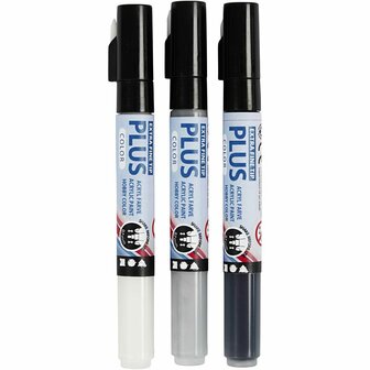 Plus Color Marker Set - Acrylmarkers - Pigmentrijke Inkt - Sneldrogend - DIY &amp; Kunst - Geschikt Voor Glas, Hout, Karton &amp; Textiel - Kleuren: Zwart, Off-White, Rain Grey - 3 Stuks