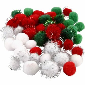 Pompoms, groen, rood, wit, d 15+20 mm, 48 div/ 1 doos