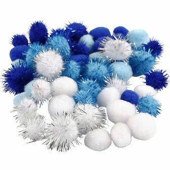 Pompoms, lichtblauw, donkerblauw, wit, d 15+20 mm, 48 div/ 1 doos