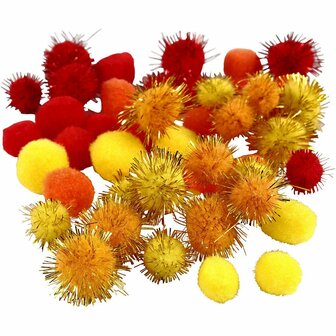 Pompoms, oranje, rood, geel, d 15+20 mm, 48 div/ 1 doos