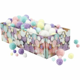 Pom-poms, pastelkleuren, d 15-40 mm, glitter, 400 gr